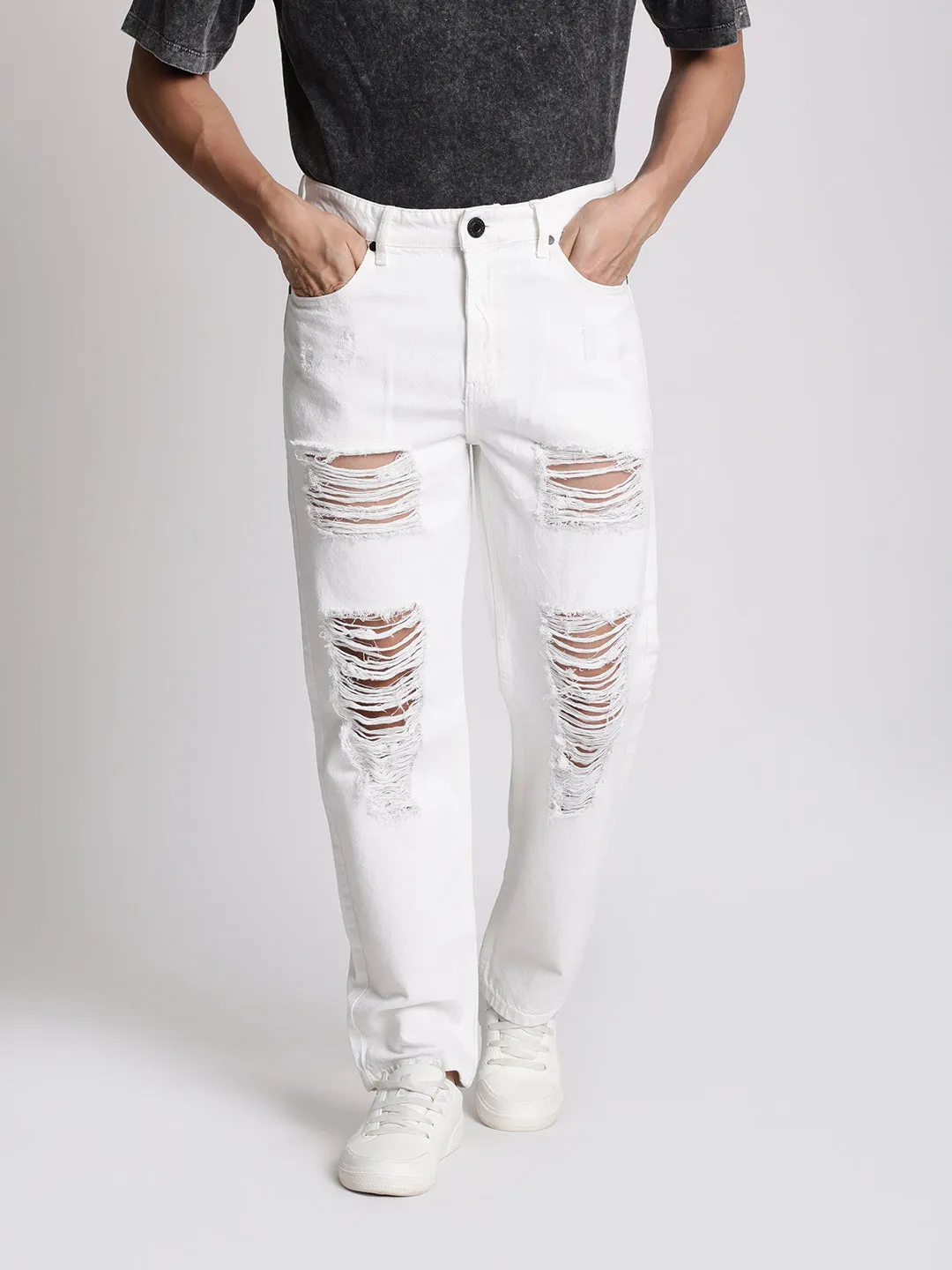 Men White Heavy Distress Relaxed Jeans