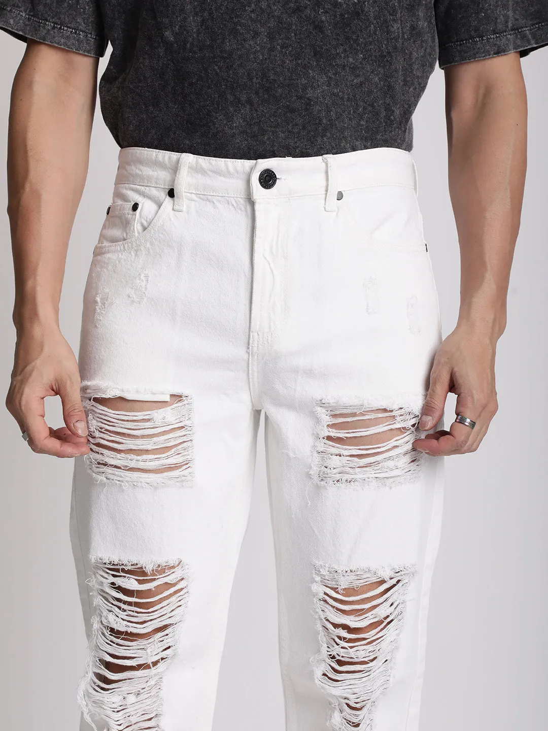 Men White Heavy Distress Relaxed Jeans