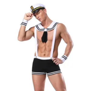 MEOILCE Mens Sailor Captain Sexy Cosplay Lingerie Set Role Play Costume Nightclub Stage Performance Party Uniform Black