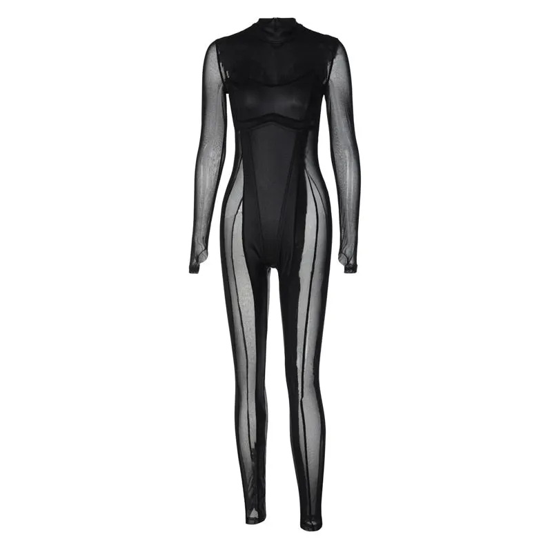 Mesh Panel Long Sleeve Jumpsuit