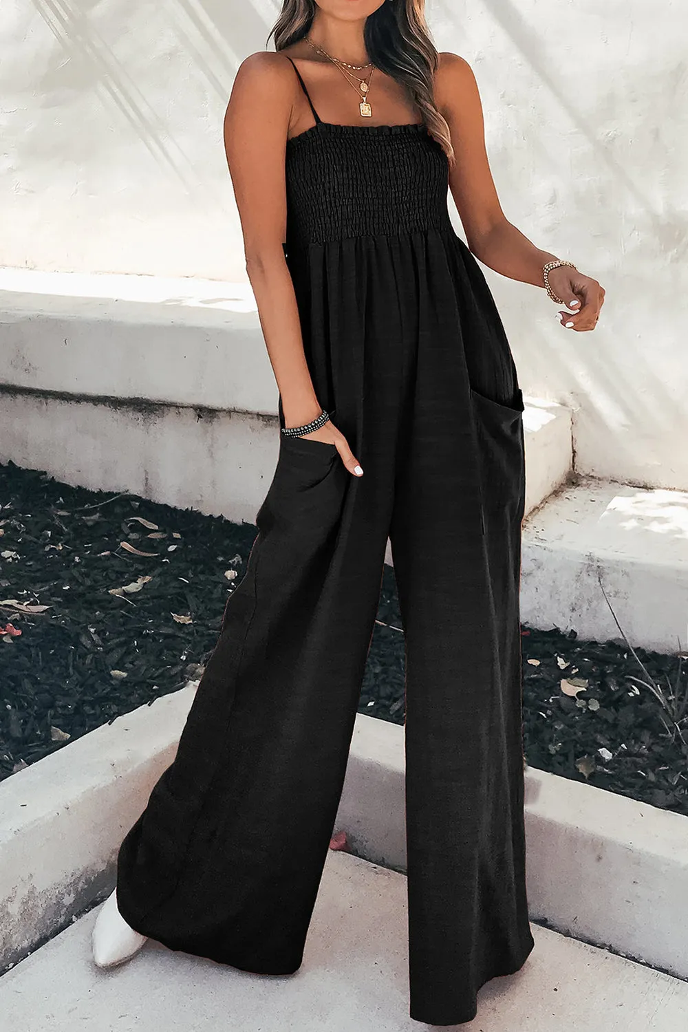 Naylor Smocked Spaghetti Strap Wide Leg Jumpsuit