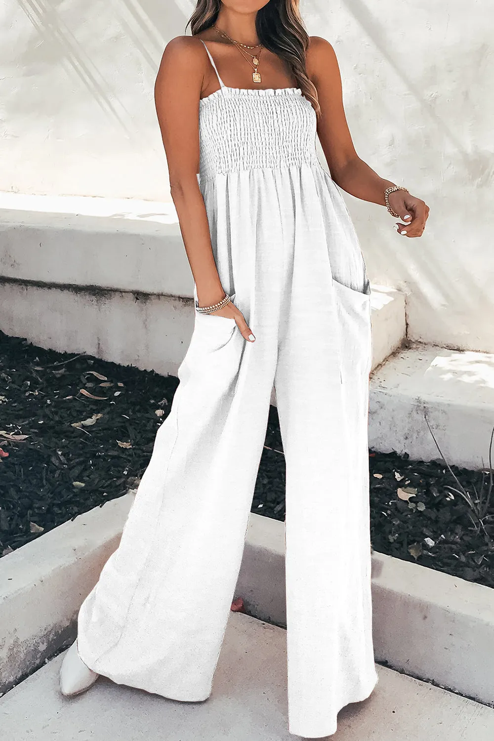 Naylor Smocked Spaghetti Strap Wide Leg Jumpsuit