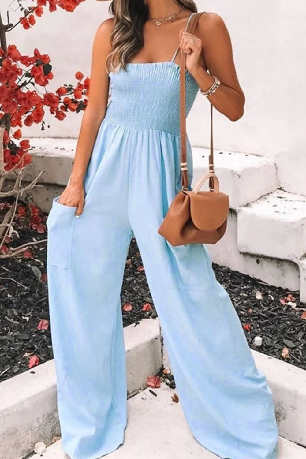 Naylor Smocked Spaghetti Strap Wide Leg Jumpsuit
