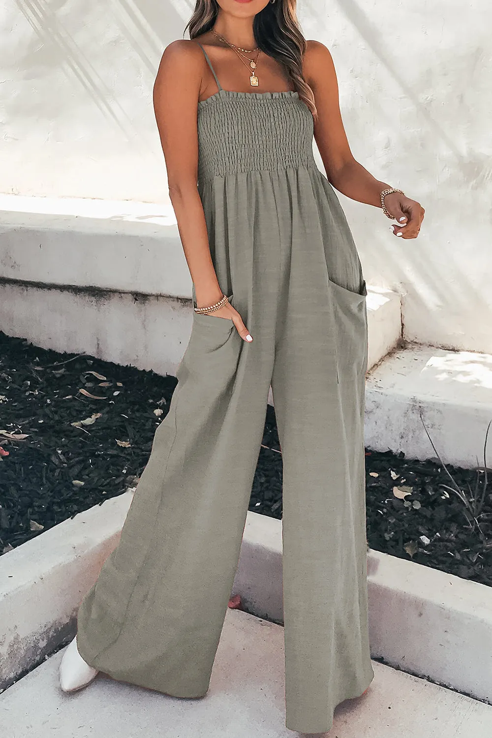 Naylor Smocked Spaghetti Strap Wide Leg Jumpsuit