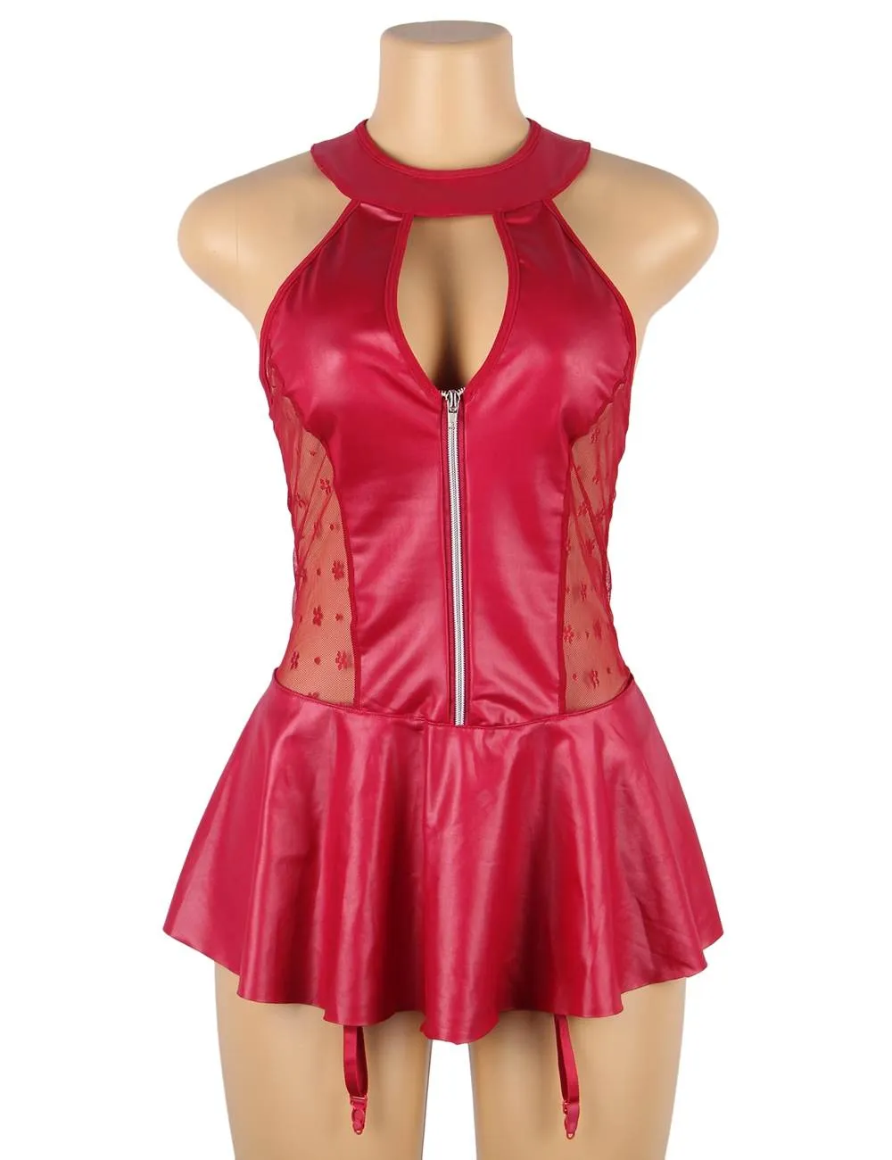 New Black & Red Sexy Halter Leather Lace Stitching Gartered Lingerie
