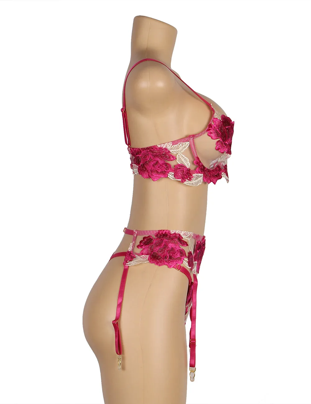 New Dark Pink Floral Underwire Garter Bra Set