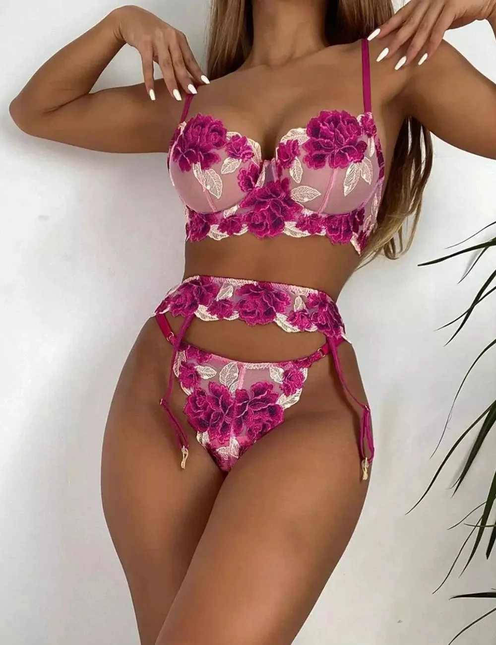 New Dark Pink Floral Underwire Garter Bra Set