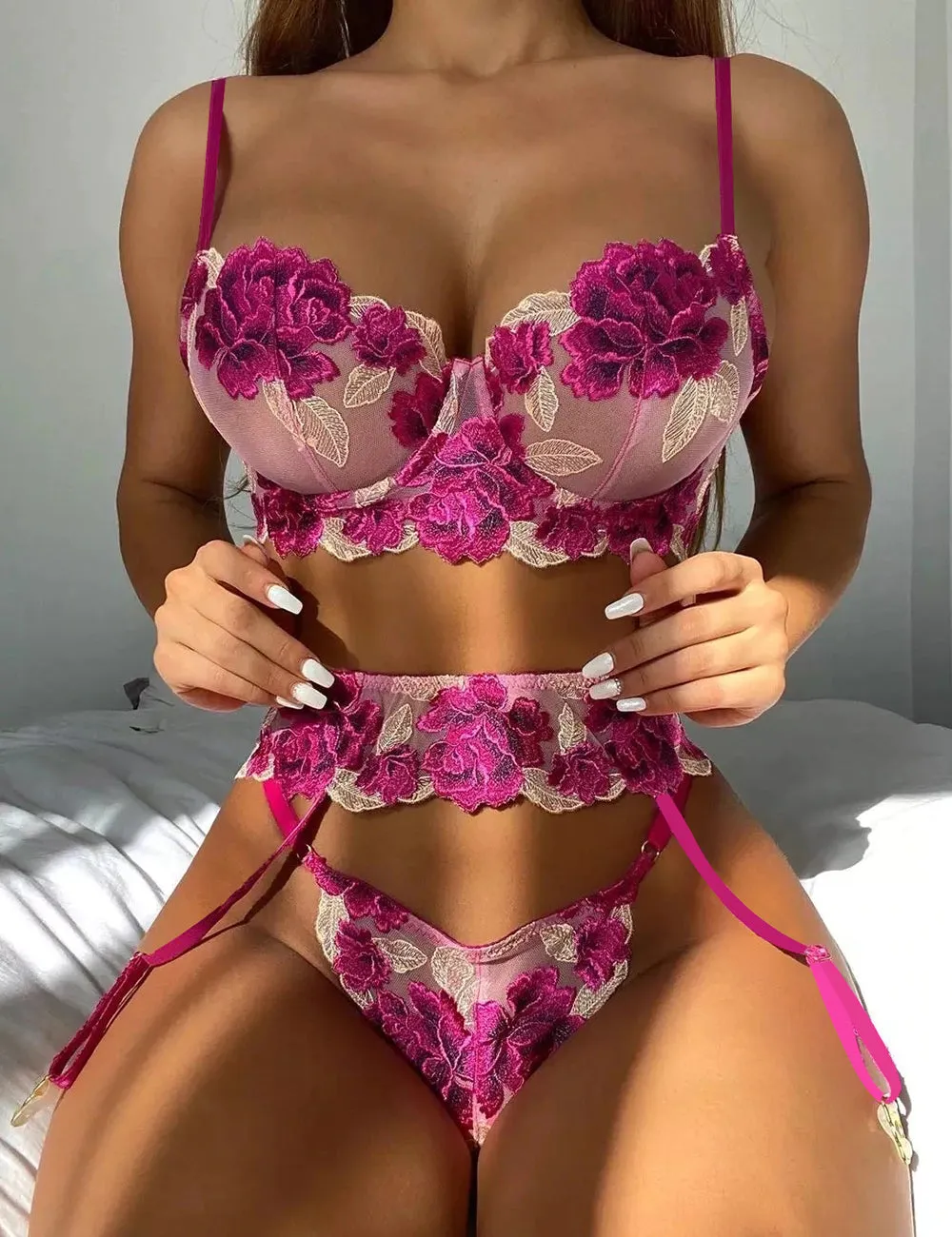 New Dark Pink Floral Underwire Garter Bra Set