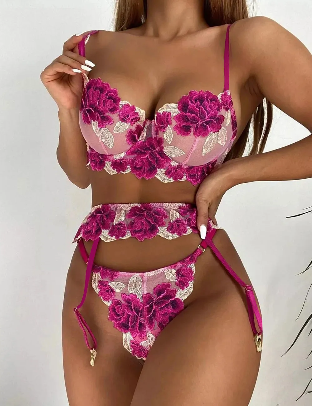 New Dark Pink Floral Underwire Garter Bra Set