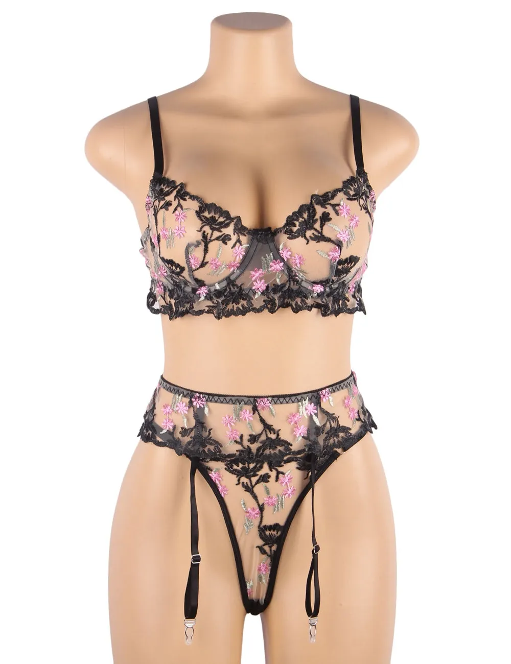 New Floral Embroidery Underwire Garter Lingerie Set