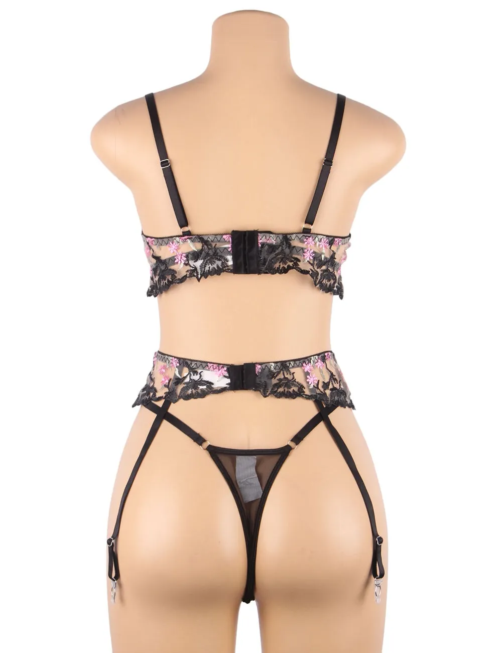 New Floral Embroidery Underwire Garter Lingerie Set