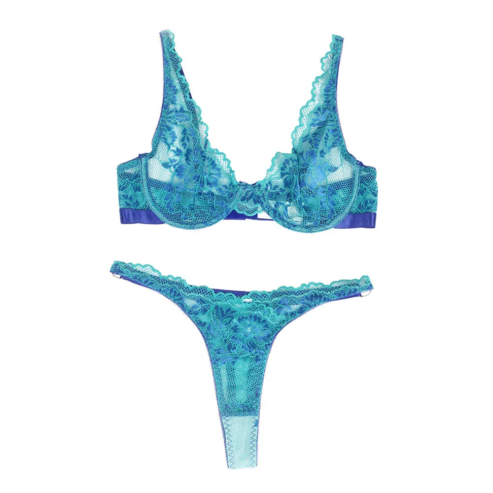 New Plus Size Two Straps Floral Lace Underwire Bra Set
