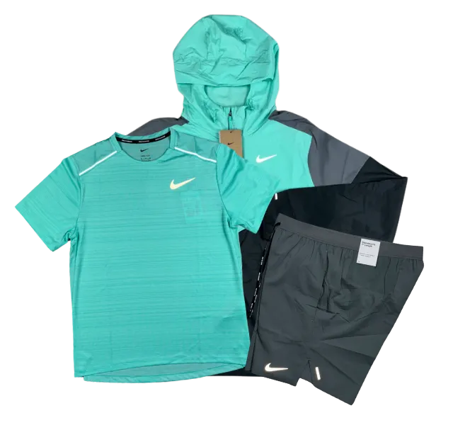 Nike Miler T-Shirt - Windrunner - Flex Stride Shorts Outfit - Hyper Turquoise/Black/Grey