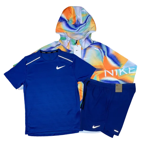 Nike Miler T-Shirt - Windrunner - Flex Stride Shorts Outfit - Royal Blue/Metallic Rainbow/Royal Blue