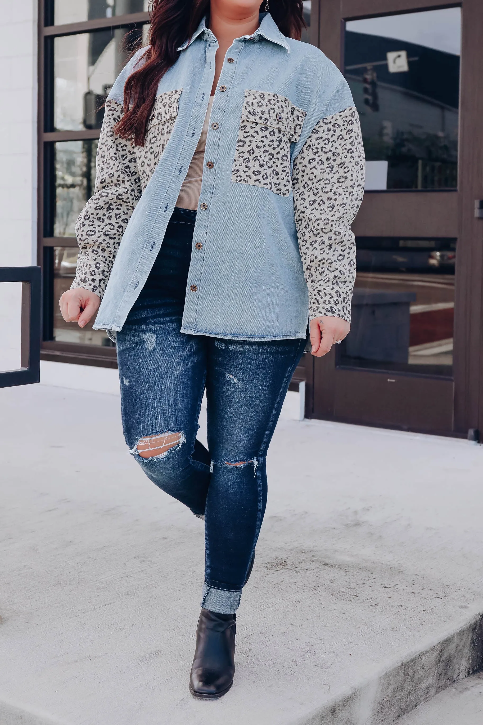 Off The Grid Denim Jacket- Blue/Leopard