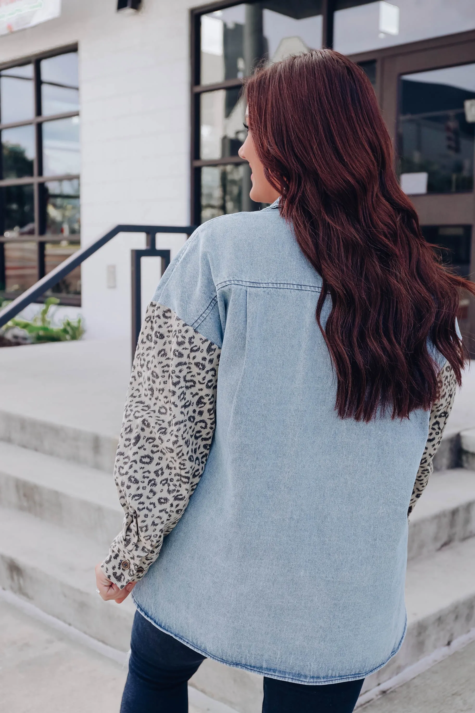 Off The Grid Denim Jacket- Blue/Leopard