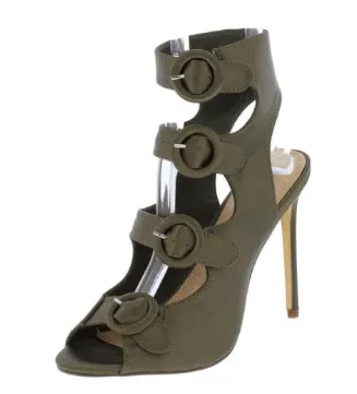 OLIVE PEEP TOE MULTI BUCKLE CUT OUT HEEL