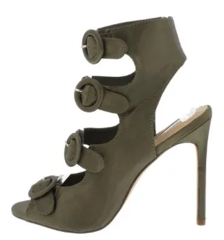 OLIVE PEEP TOE MULTI BUCKLE CUT OUT HEEL