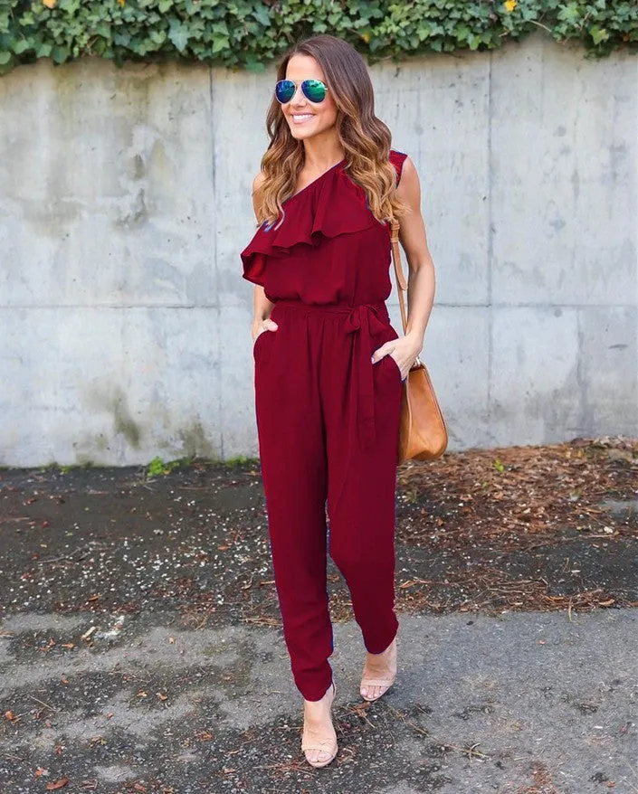 One Shoulder Chiffon Rompers