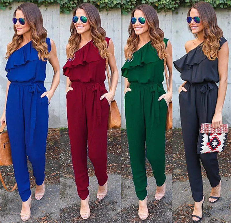 One Shoulder Chiffon Rompers