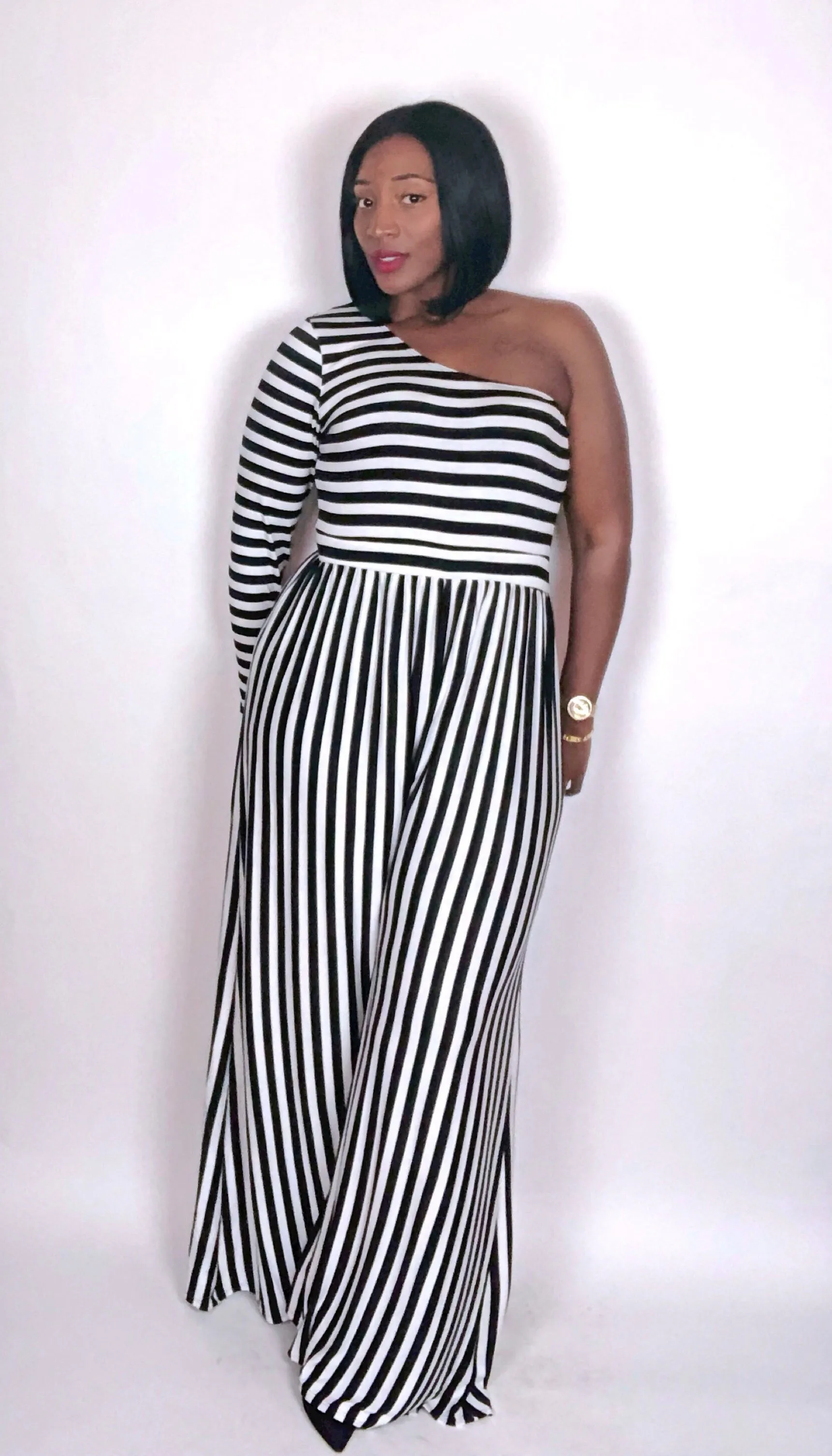 One Shoulder Stripe Jumpsuit