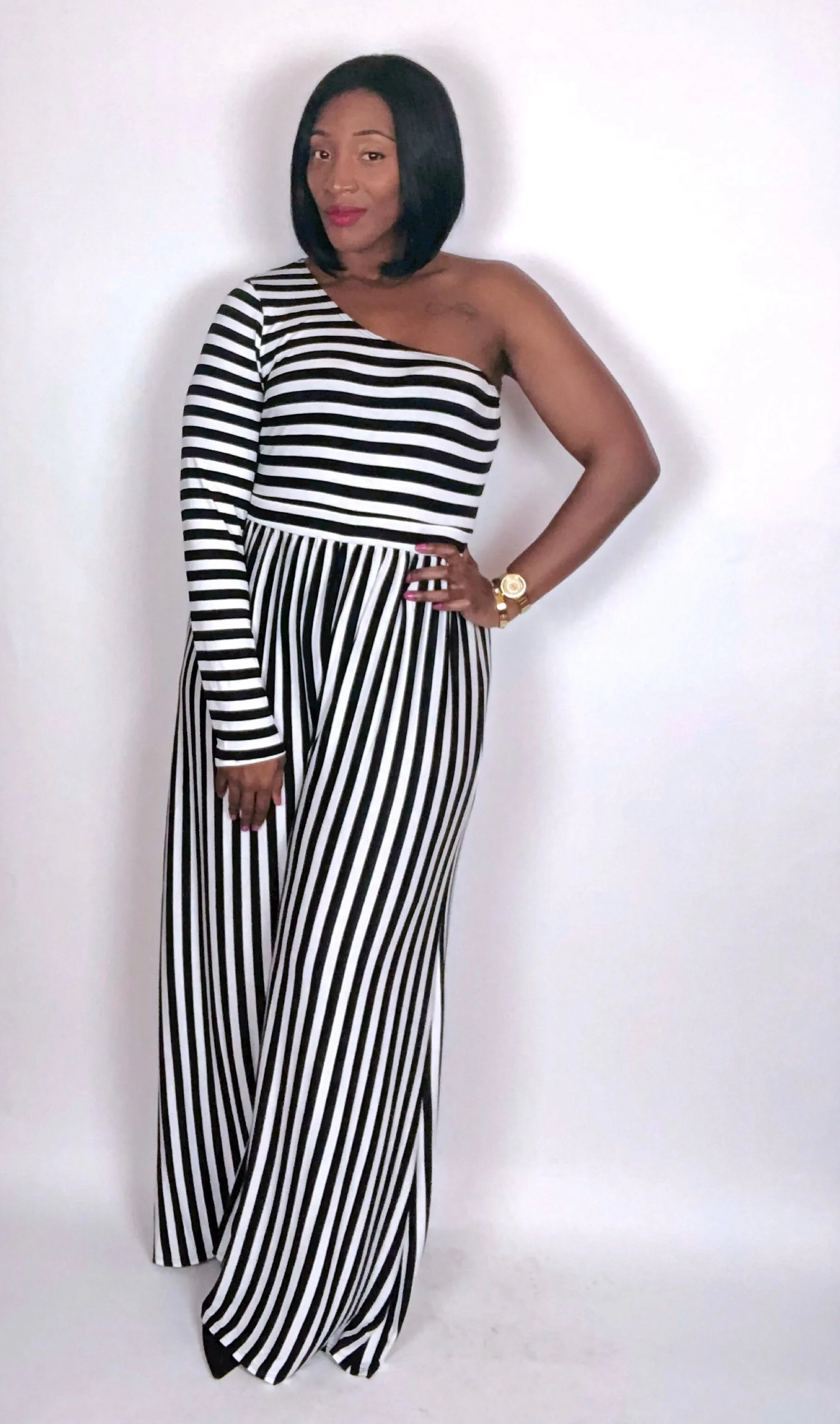 One Shoulder Stripe Jumpsuit