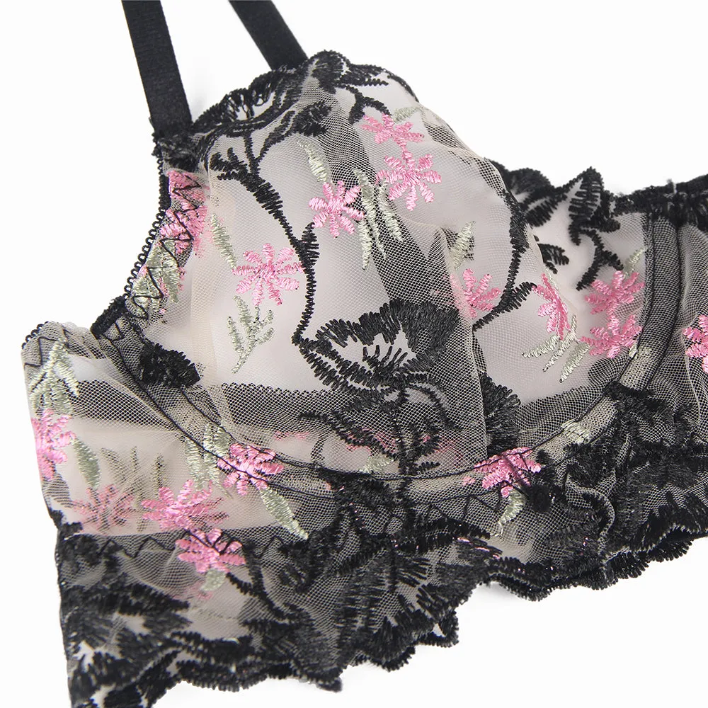 Pink and Black Floral Sheer Nude Bra Set by Scandals