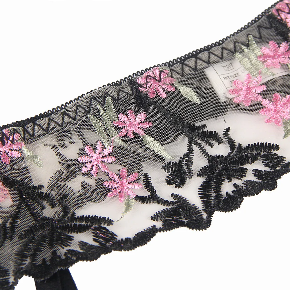 Pink and Black Floral Sheer Nude Bra Set by Scandals