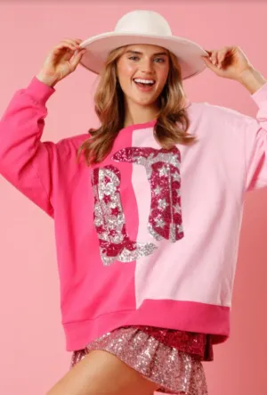 Pink Color Block Sequined Cowgirl Boots Graphic Sweatshirt