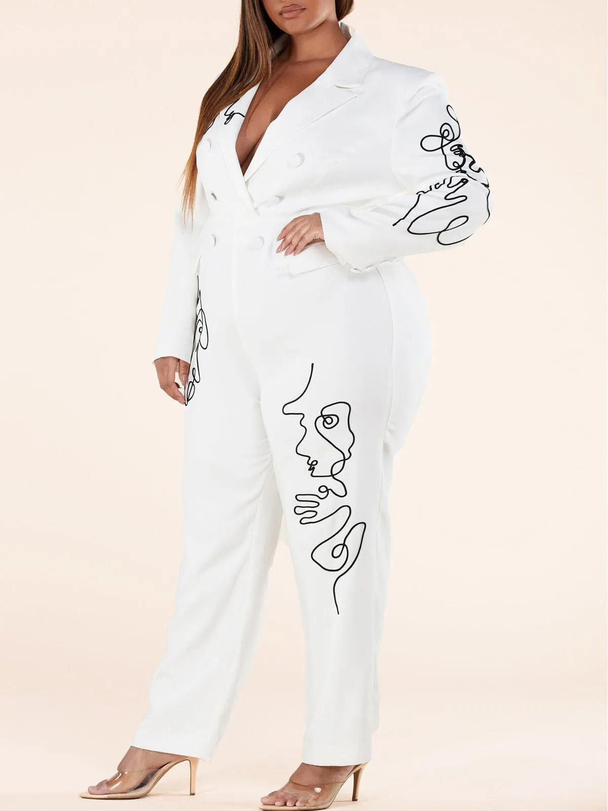 PLUS SIZE LONG SLEEVE V-NECK BACK CUT OUT JUMPSUIT