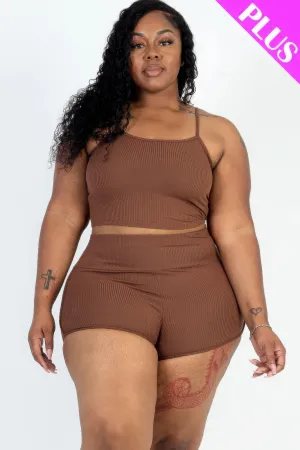 Plus Size Ribbed Cami Crop Top Set