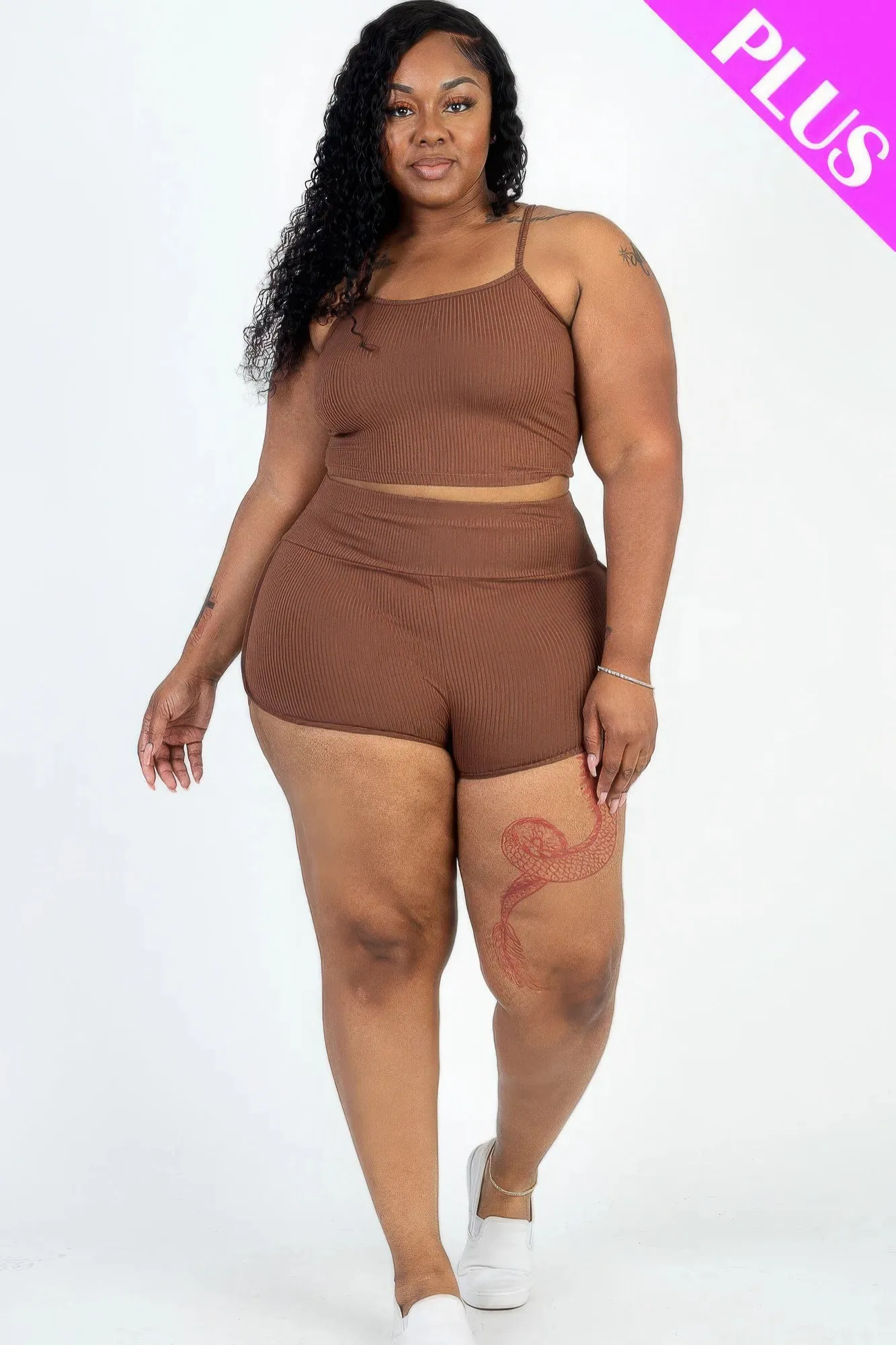 Plus Size Ribbed Cami Crop Top Set