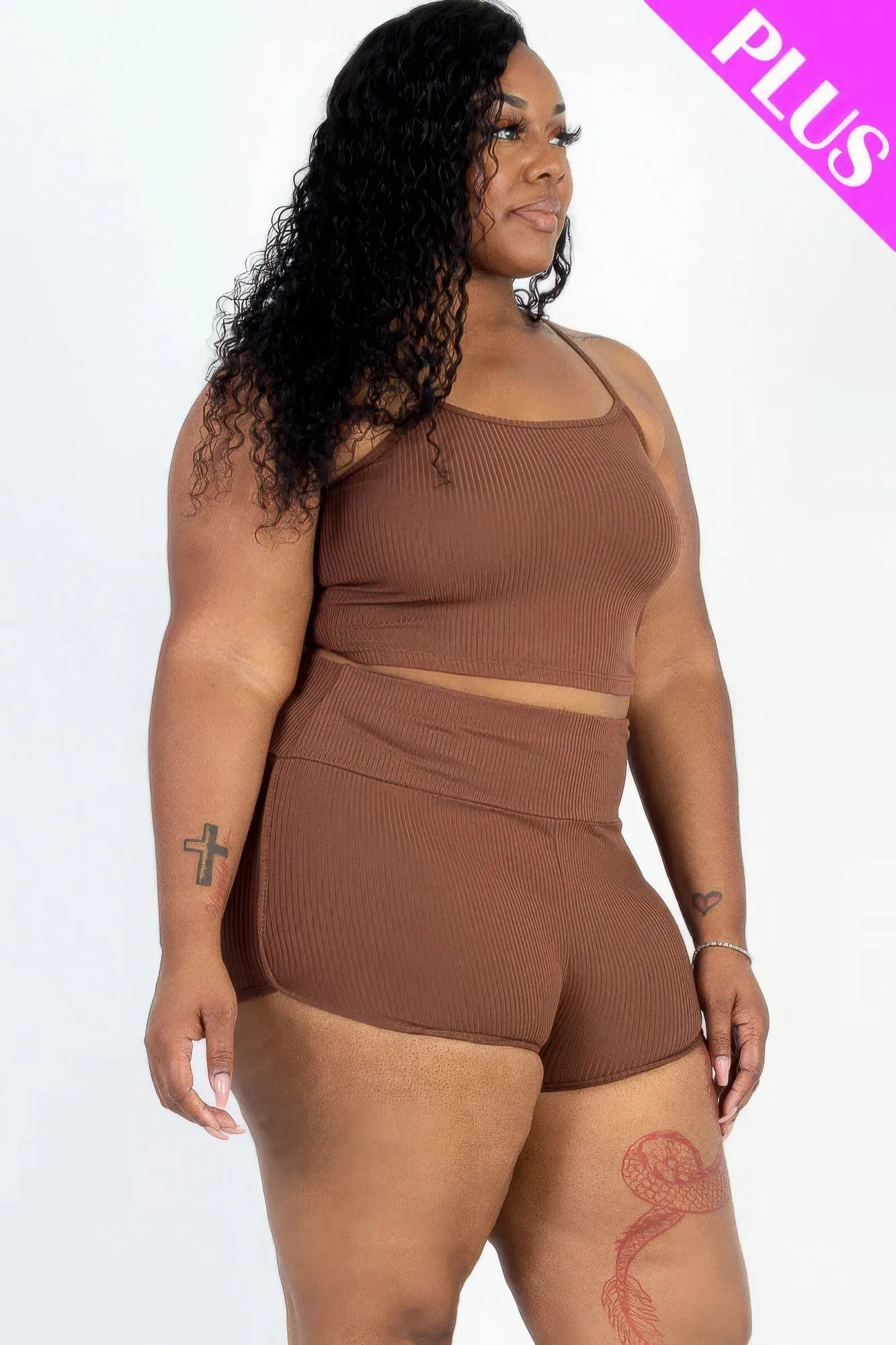 Plus Size Ribbed Cami Crop Top Set