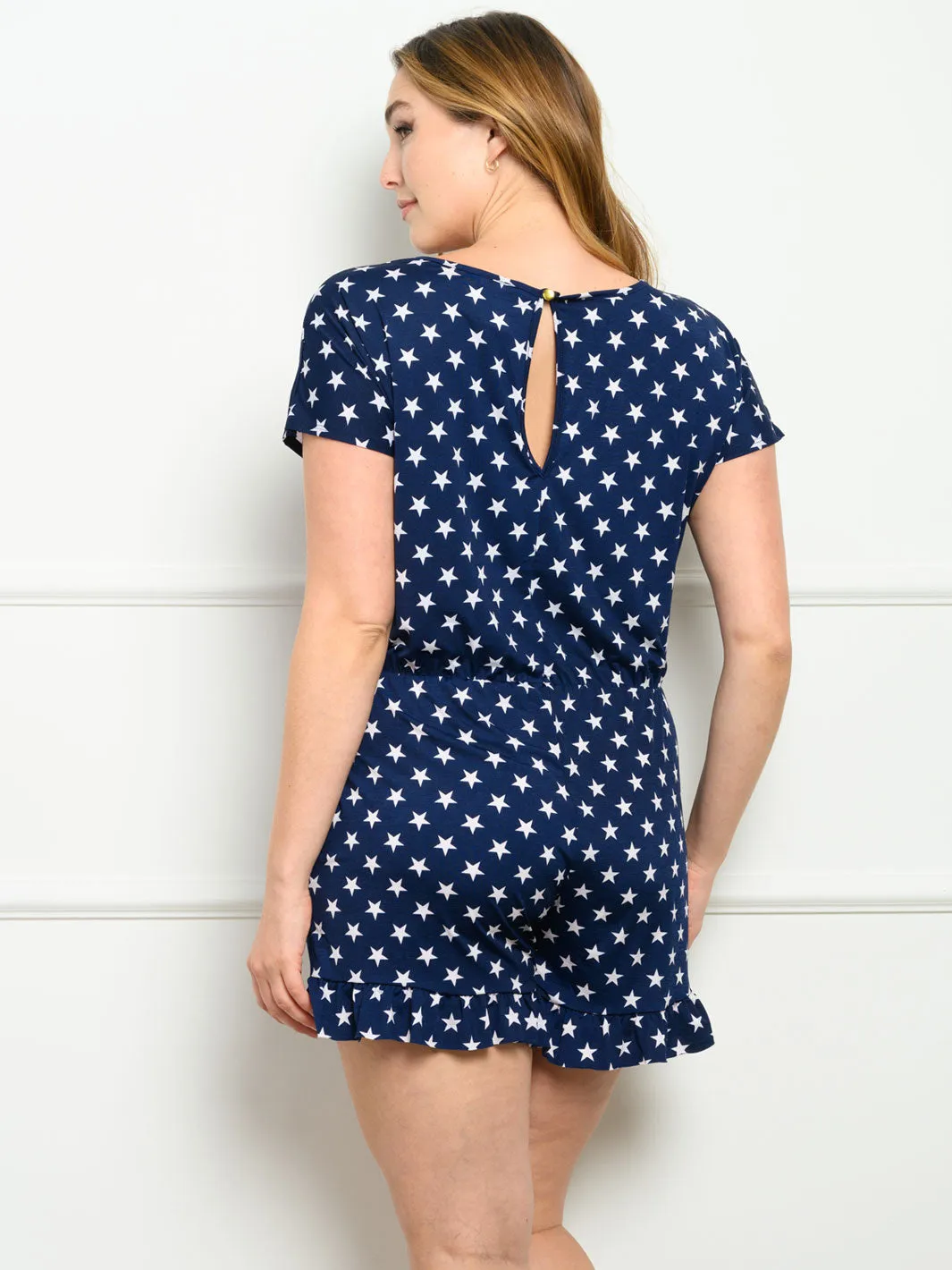 PLUS SIZE STARS PRINT WITH POCKETS RUFFLE ROMPER