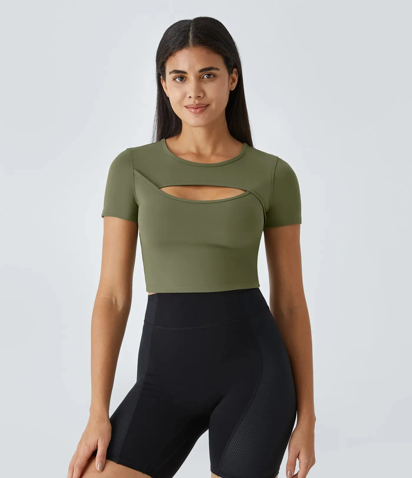 Plush Round Neck Cut-Out Short Sleeve Cropped Ballet Barre Dance Sports Top