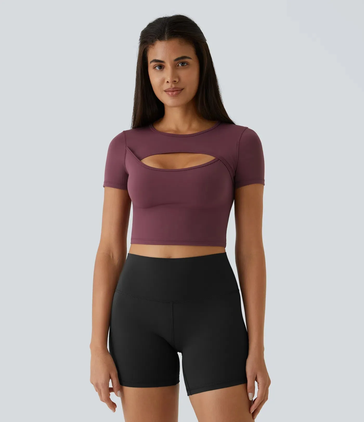 Plush Round Neck Cut-Out Short Sleeve Cropped Ballet Barre Dance Sports Top