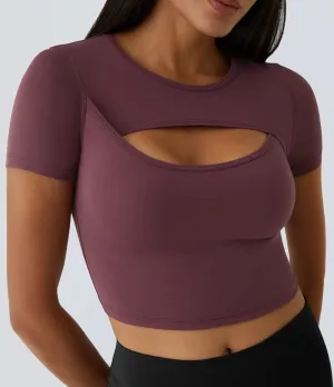 Plush Round Neck Cut-Out Short Sleeve Cropped Ballet Barre Dance Sports Top