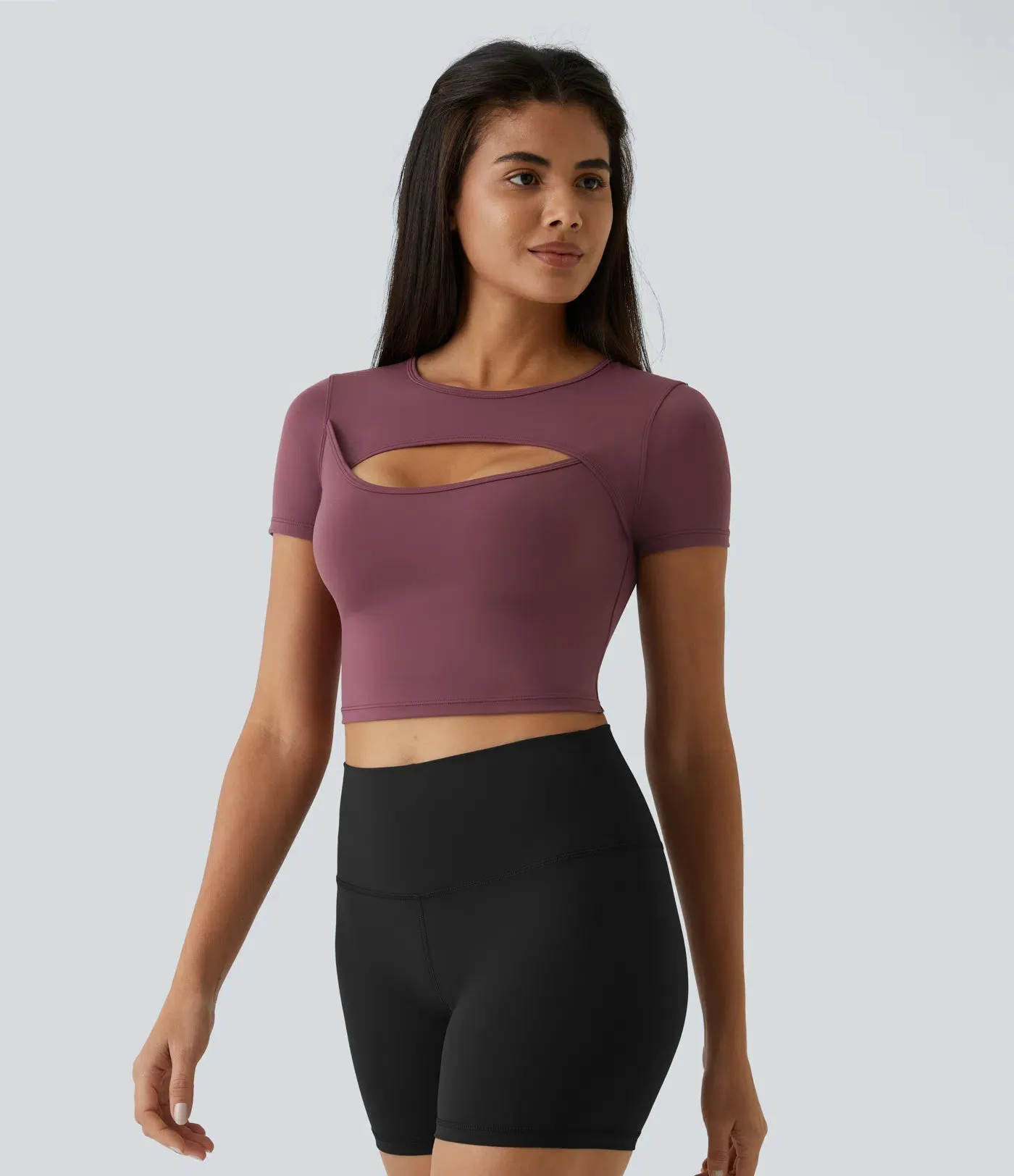 Plush Round Neck Cut-Out Short Sleeve Cropped Ballet Barre Dance Sports Top