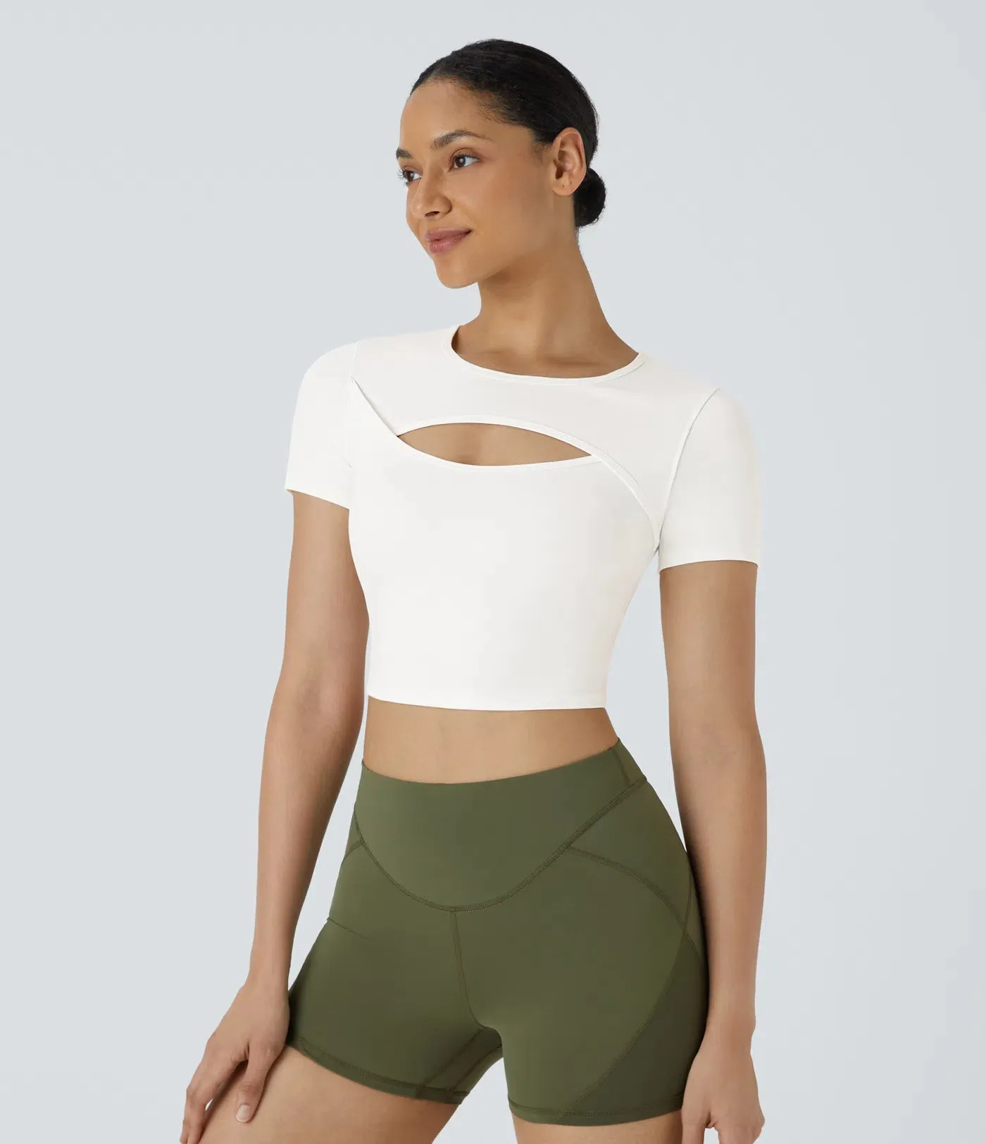 Plush Round Neck Cut-Out Short Sleeve Cropped Ballet Barre Dance Sports Top