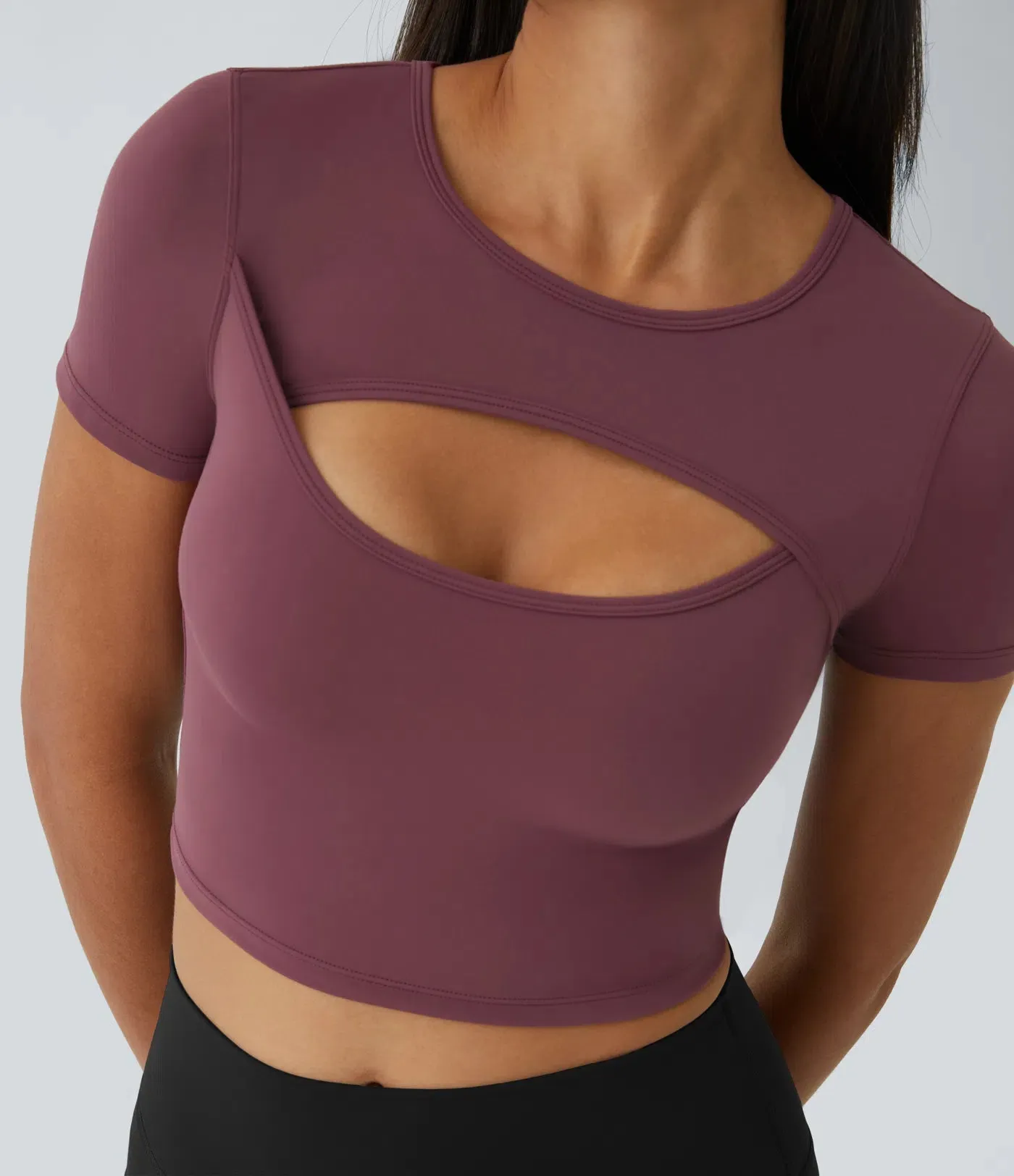 Plush Round Neck Cut-Out Short Sleeve Cropped Ballet Barre Dance Sports Top