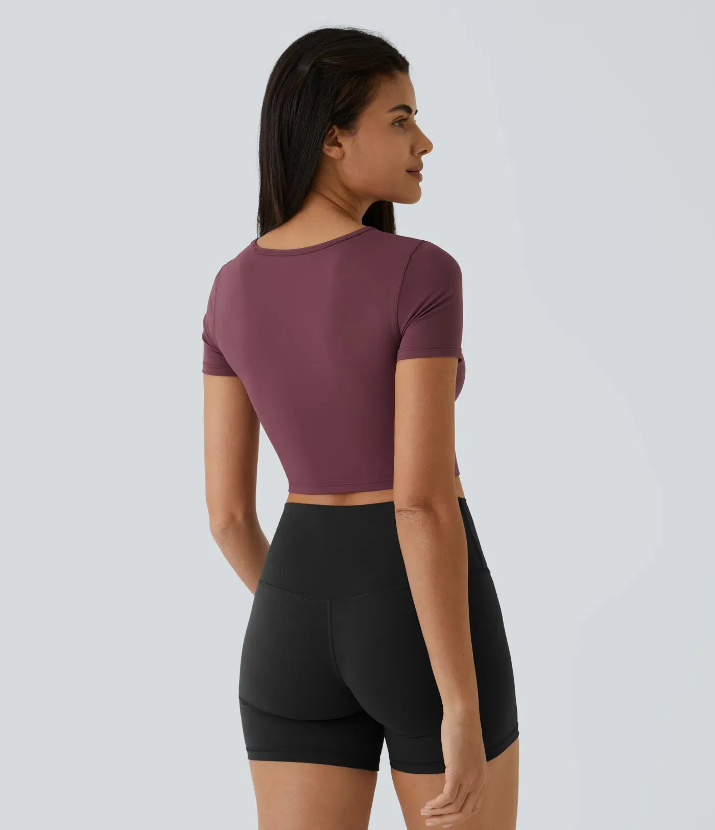 Plush Round Neck Cut-Out Short Sleeve Cropped Ballet Barre Dance Sports Top