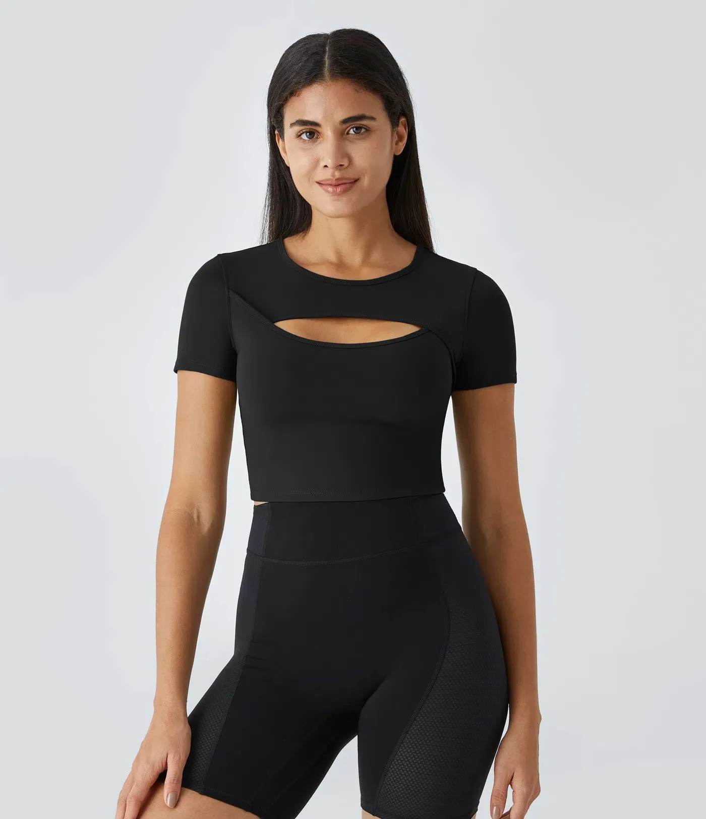 Plush Round Neck Cut-Out Short Sleeve Cropped Ballet Barre Dance Sports Top