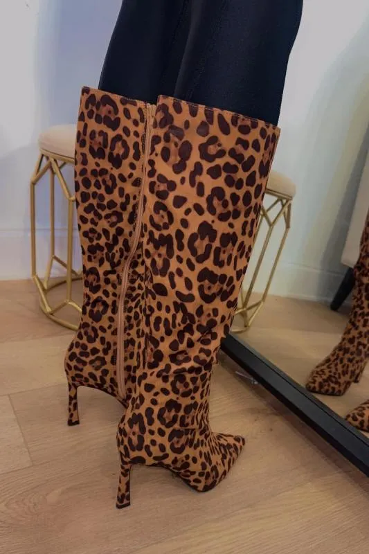 Pointed Toe Knee Length Boot with Heel - Leopard