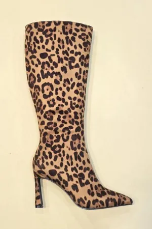 Pointed Toe Knee Length Boot with Heel - Leopard