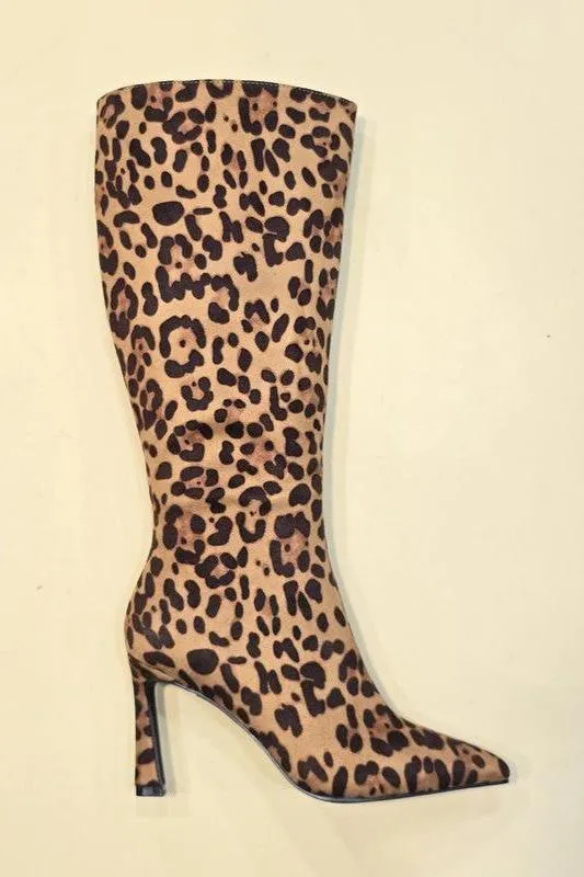 Pointed Toe Knee Length Boot with Heel - Leopard