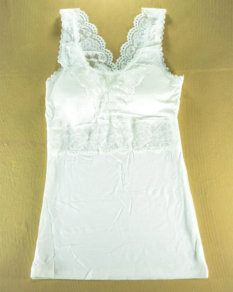 Premium Embroidered Camisole Padded With Lace - White Color - 8783
