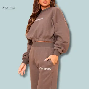 PRETTYLITTLETHING KHAKI LOGO OVERSIZED CINCHED CROPPED SWEATSHIRT