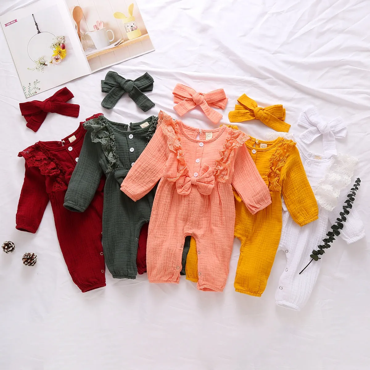 Pure Cotton Long Flare Sleeve Jumpsuit with Headband Set 6M-18M