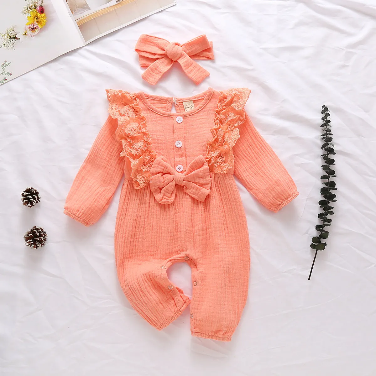 Pure Cotton Long Flare Sleeve Jumpsuit with Headband Set 6M-18M