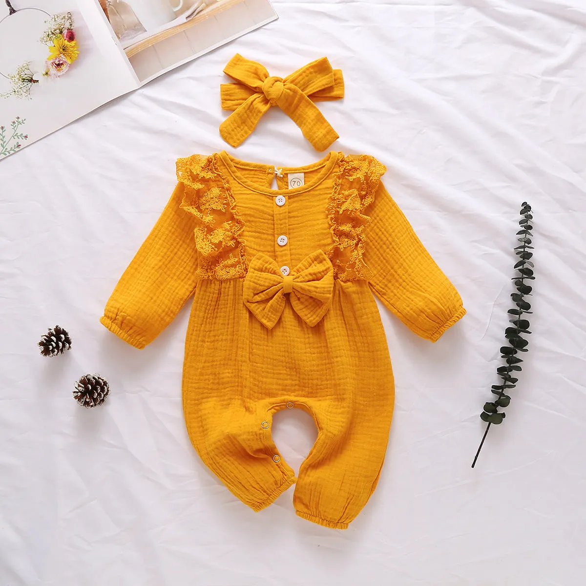 Pure Cotton Long Flare Sleeve Jumpsuit with Headband Set 6M-18M